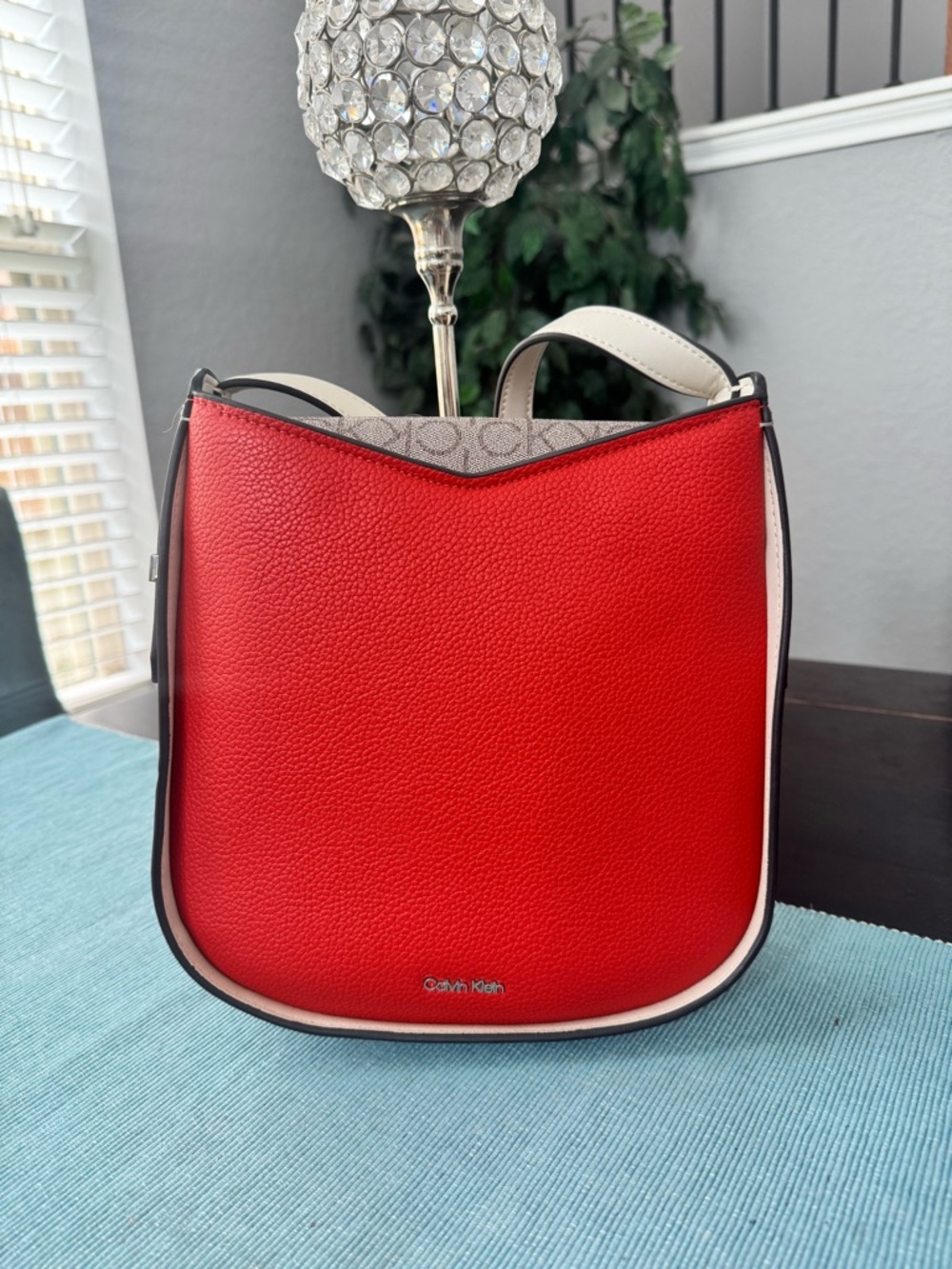 Calvin Klein Red Pebbled Leather Shoulder Bag with Cream Trim